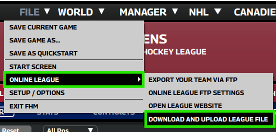 FHM menu path: File, Online League, and Download and Upload League File (highlighted)