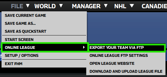 FHM menu path: File, then Online League, then Export Your Team via FTP (highlighted)